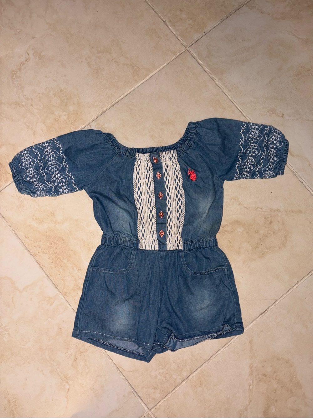 U.S. Polo Assn. Blue Denim Embroidered Girls Romper 2t
